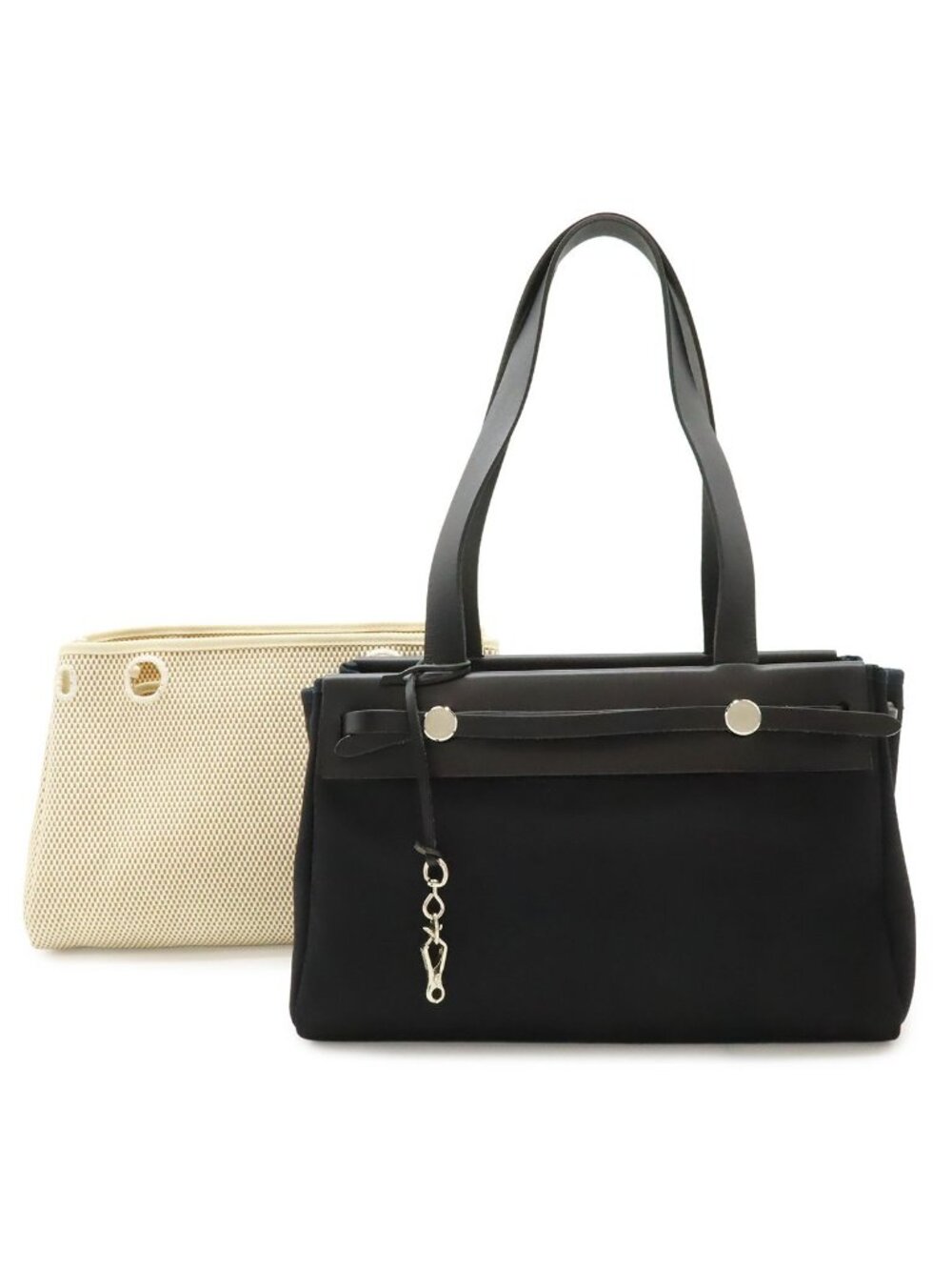 Hermes Herbag Cabas PM Tote Shoulder Bag Toile H GM Natural Black